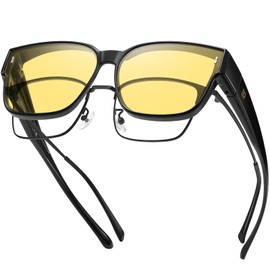 DUCO Fit Over Sunglasses for Men Women Wear Over Glasses Retro Wrap Around Polarized Sun Glasses UV400 Protection DC8981 (B Shine Black Frame Yellow Lens)