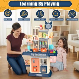 Play Kitchen for Toddlers, Kids Kitchen Playset Toddler Girl Toys with Cooking Stove Steam, Sink and Food Pretend Cooking Set Toy for 3 4 5 Year Old Kid Birthday (Blue)