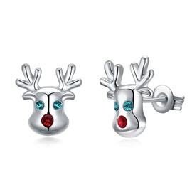 Hypoallergenic Stud Earrings for Women 14K Cute Small Animal CZ Reindeer Studs Gifts for Women (Silver)