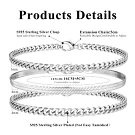 Krfy Women's Bracelet 925 Sterling Silver Clip Bracelets Silver 14 Carat Gold-Plated Figaro Cuban Snake Chain Bracelet Stackable Silver Bracelet Set for Women