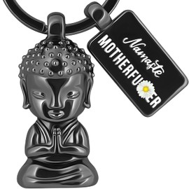LANOLU Buddha Keyring, Funny Gift for Yoga Fans with Engraving Namaste Madafaka, Lucky Charm Key Ring Men, Pendant for More Serenity with Real 3D Buddha Figure, black
