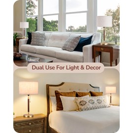 EDISHINE Mid Century Table Lamp Set of 2, Pull Chain Switch Bedside Lamp, Linen Shade, Solid Wood Pole & Bronze Brushed Metal Base, Modern Nightstand Lamp for Bedroom, Living Room, Office, E26 Base