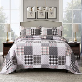 Travan Quilt Set 3-Piece Oversized Quilted Bedspread Coverlet Set Grey European British Grid Patchwork Bedding Set, King Size