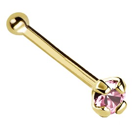 20G Solid 14Kt Gold Nose Bone Stud with Prong Set real Pink Tourmaline Gemstone, 14kt Yellow Gold or 14kt White Gold - October Birthstone Nose Ring-YG_PTM-1.5MM