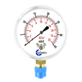 CARBO Instruments Diaphragm Low Pressure Capsule Gauge, 2-1/2" Dial, 0-20 oz/0-35in H2O Range, 1/4" NPT Lower Mount, Chrome Steel Case, Brass Internals, Adjustable, Dual Scale 20 oz/35 inH2O (IWC)