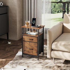 WLIVE Nightstand with Charging Station, End Table with 2 Fabric Drawers for Storage, Small Bedroom Dresser, Bed Side Table, 2 USB Ports and 2 Outlets, Easy Assembly, Rustic Brown