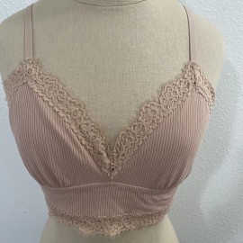 Aerie Ribbed Eyelash Lace Trim Longline Bralette Size XS Light Tan
