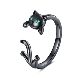 VONALA 925 Sterling Silver Black Cat Ring for Women Men Adjustable Open Ring suit 6-9#