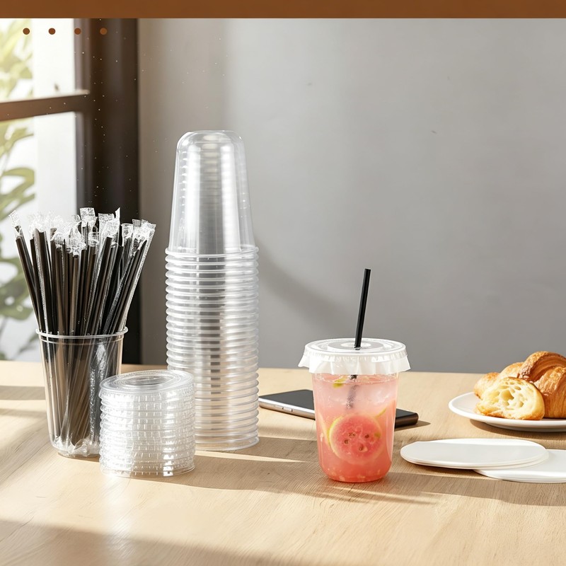 Ziliny 50 Sets Clear Plastic Cups with Lids, Straws, and