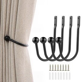 Desuibao Curtain Holdbacks, Wall Mount, Metal Tiebacks, Window Treatment, Decorative Curtain Holdbacks for Wall, Curtain Tiebacks, Side Hooks, Black, Pack of 4