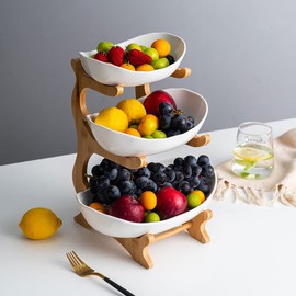 Liywall Liywall - 3 Tier Ceramic Fruit Bowl With Bamboo Wood Stand for Kitchen Counter,Porcelain Fruit Basket for Vegetable Storage,Snack Dessert Cake Tray Plate Rack for Party Wedding - White