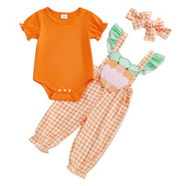 Newborn Baby Girl Easter Outfit Solid Short Sleeve Round Neck Romper Carrot Patch Plaid Ruffle Suspender Overalls Pants Tie-up Headband (Yellow, 0-3 Months)