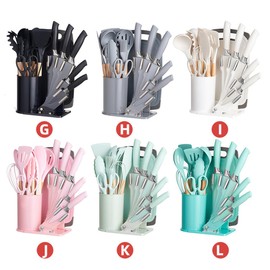 19 Pieces Kitchen Cooking Utensils and Knife Set with Holder Block, Include 11 Pcs Silicone Cooking Utensils 5 Pcs Sharp Stainless Steel Knives Scissors Whisk Tongs and Cutting Board (PINK)