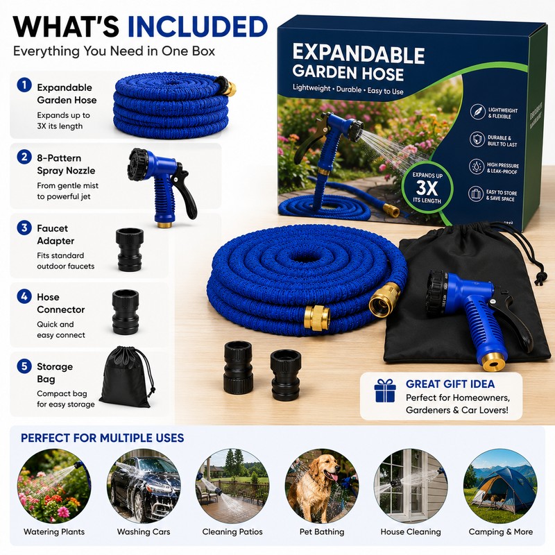 25ft Expandable Garden Hose Pipe with Adjustable Nozzle for Car