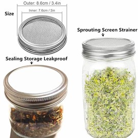 Mason Jar Sprouting Lids Wide Mouth 316 Stainless Steel Mesh Lid Sprouting Strainer Lids, Silicone Seals Gasket Lids Inserts for Mason Ball Kerr Canning Storage Jars
