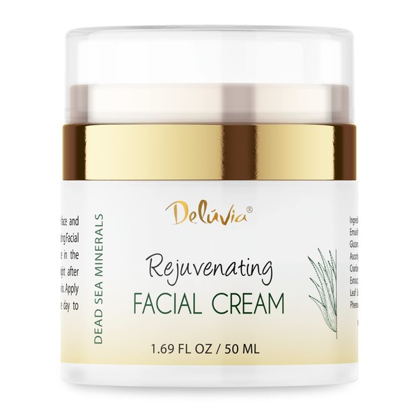 Deluvia Face Moisturizer Cream with Organic Aloe Vera, Organic Coconut Oil, Vitamin C, Vitamin E and Rosehip Oil. Daily Facial Lotion for Dry Skin, Sensitive Skin. Rejuvenating Facial Cream