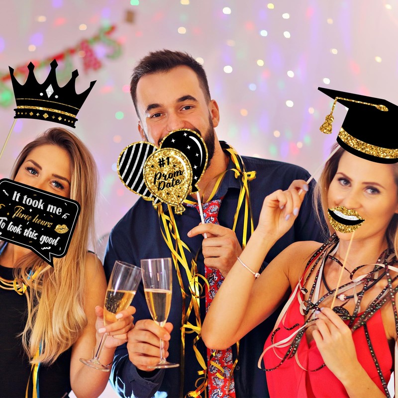 Prom Photo Booth Props, 39Pcs Black Gold and Silver Prom