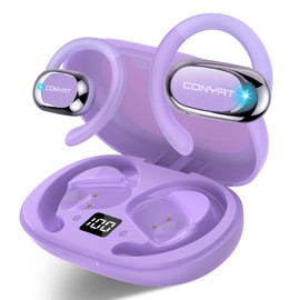Conyat Open Ear Headphones, 58H Playtime Bluetooth 5.4 Wireless Earbuds with Immersive Stereo, Air Conduction Earphones with HD Mic, ENC Clear Calls/LED Display/IPX7 Waterproof Open Ear Earbuds,Purple