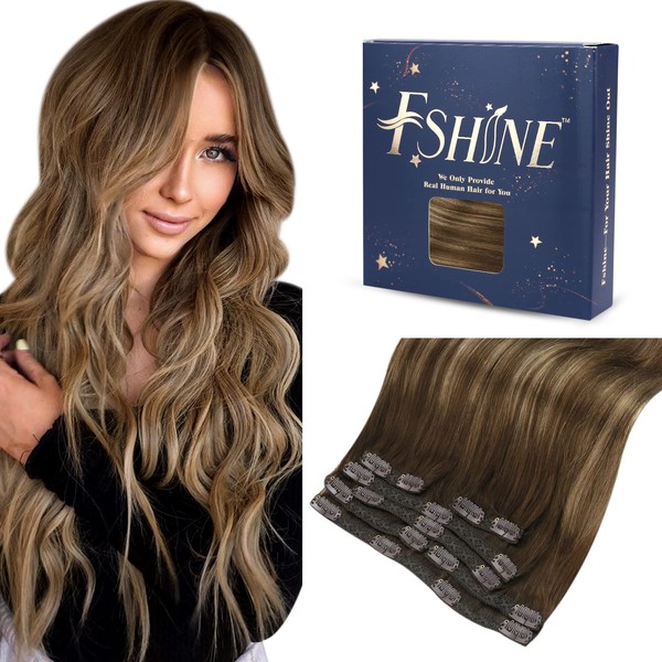 Fshine Clip-In Extensions, Real Hair, Balayage, 120 g, Double Weft, Silky Straight, Dark Brown with Caramel Blonde Extension, Real Hair Clip-In Full Head, Remy Clip-On Extensions, Real Hair, 7 Pieces, 35 cm