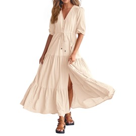 BTFBM Women's Summer Flowy Maxi Dress Casual Short Sleeve V Neck Solid Color Dresses Beach Long Dresses Sundress(Solid Beige,Medium)