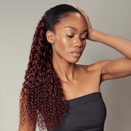 Frodio Ponypop Burgundy Curly Water Wave Ponytail Hairstyle 100% Human Hair Extension Sleek And Full Ponytail Wig Drawstring Ponytail - Tyra - Length-inches: 26