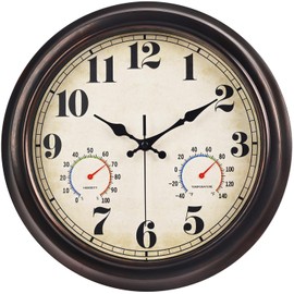 JENLYSTIME 13 Inch Dark Brown Vintage Waterproof Indoor/Outdoor Wall Clock with Thermometer & Hygrometer Large Silent Numerals & Accurate Timekeeping for Living Room, Porch&Garden&Pool
