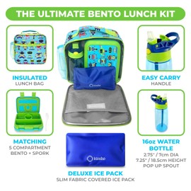 kinsho Bento Lunch Box and Insulated Bag, Water Bottle & Ice Pack Set for Kids Toddlers, 4 Portion Sections, Removable Tray, PreSchool Kid Toddler Daycare Lunches, Snack Container, Robot