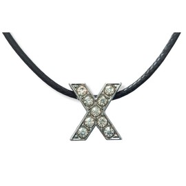 Initial Necklace - Letter - Name - Alphabet - Rhinestones - Glitter - Letter X - Gift idea - Black lace, Faux Leather, No Gemstone
