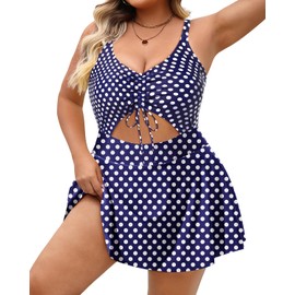 Yonique Traje de baño de una Pieza para Mujer, Talla Grande, con Falda, Cuello en V, Estampado Floral, Traje de baño Recortado, Azul (Blue Dogs), 20 Plus