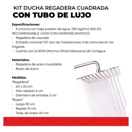 IML Regadera Cuadrada 20 Cm Acero Inox Y Tubo 40cm De Lujo