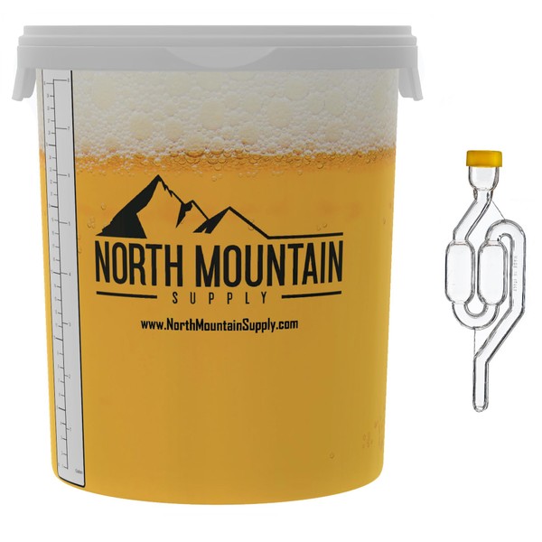 North Mountain Supply 8 Gallon Graduated Fermenting Bucket with Twin Bubble Airlock and Grommet
