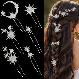 6 Pcs Silver Celestial Crystal Hair Pins for Women, Star Moon Rhinestone Bridal Hair Accessories, Wedding Hair Pieces, Goddess Headpiece for Bride Bridesmaid Prom Party