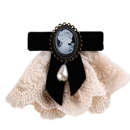 80Hou Women Cameo Pearl Brooch Pin Vintage Lace Bow Jewelry Breastpin For Wedding-black