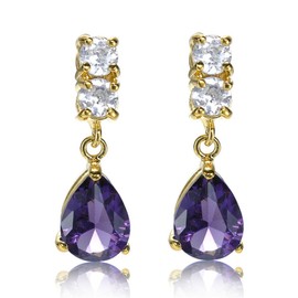 [RIZILIA TEARDROP] Dangle Pierced Earrings with Pear Cut Gemstones CZ [Purple Amethyst] in 18K Yellow Gold Plated, Simple Modern Elegance