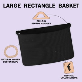 HONCESTA Extra Large Black Basket, 22.8" X 14.9" X 11.8" Rectangle Woven Baskets for Storage, Soft Cotton Rope Kids Room Toy Basket Box Bins, Big Wicker Basket Organizer for Blankets, Pillows, Laundry