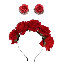 1 Piece Of Headband, 1 Pair Of Earrings, Flower Headband, Red Rose Headband, Bridal Headband, Red Headband, Flower Headband For Women, Birthday Girl Party Headband