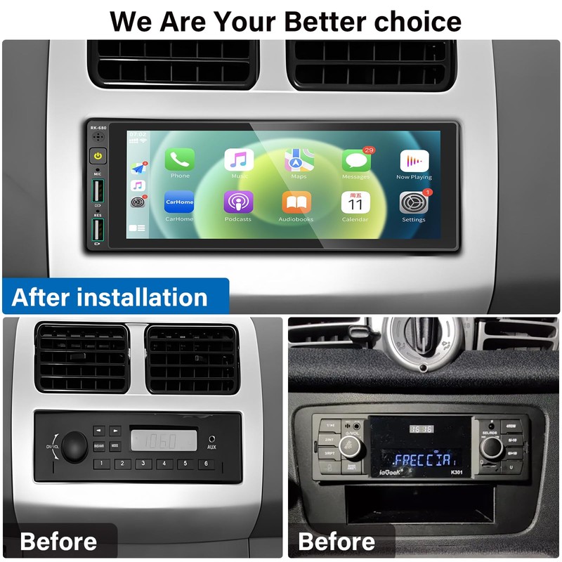 REAKOSOUND 6.9" Single Din Car Stereo with Apple CarPlay &