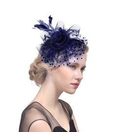 JINTN Bridal Feather Pearl Fascinator Hat Flower Headwear with Hair Clip Elegant Mesh Headwear Tea Party Bridal Headpiece Ladies Pillbox Fascinator Hat Church Wedding Cocktail Hat Navy Blue