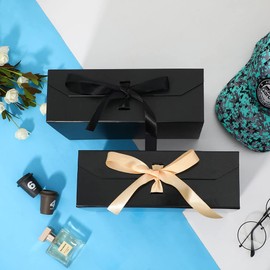 GoooodGift Black Gift Box for Presents 10x7.3x3.5 Inches, Decorative Box with Ribbon, Empty Gift Box with Lid Magnetic Closure, Groomsman Box (Glossy Black)