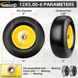 Upgraded 13x5.00-6 Flat Free Lawn Mower Tire,Riding Tire with 3/4" & 5/8" Precision Bearings,3.25"-5.25" Centered Hub,Solid Smooth Zero Turn Mower Front Tire for Residential and Commercial,Yellow