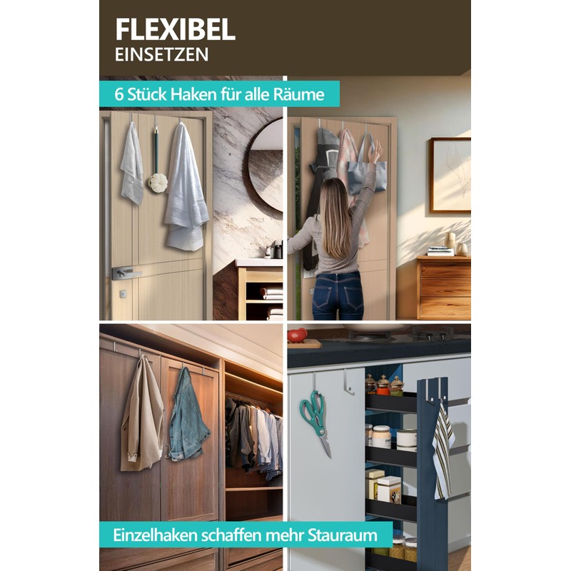 4smile Door Hooks for Hanging, Set of 6 - Stainless