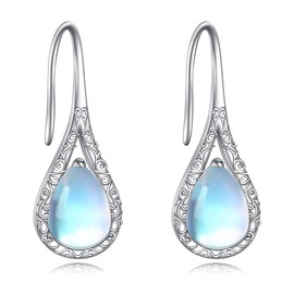 Moonstone Earrings Sterling Silver Pull Through Threader Earrings Nordic Floral Long Piercing Dangle Earrings Ear Line Earrings Jewellery Gifts for Women Girls, White Gold-Plated, Moonstone