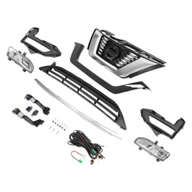 KUAFU Front Upper + Lower Grille + Fog Light Kit Compatible with 2017-2020 Nissan Rogue Bumper Radiator Hood Grill Assembly Plastic Chrome&Painted Black+Silvery+Clear Lens