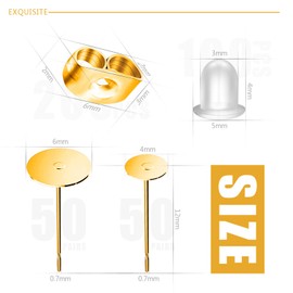 Gold Earring Posts and Backs, 500Pcs Hypoallergenic Earring Studs for Jewelry Making with Butterfly Earring Backs and Rubber Bullet Earring Backs (4mm, 6mm)