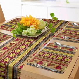 ABAKUHAUS Ethnic Table Runner & 4 Piece Placemats, African Tribal Pattern with Abstract Folk Numbers and Drum Icons Traditional Design, Table Decoration Set, 180 x 40 cm, Brown Red