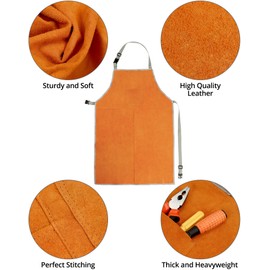 QWORK Welding Apron& Sleeves, Welding Work Protectors Set, Heat and Flame Resistant Leather Work Shop, Blacksmith Protective or Safety Clothing, Welders, Fireplace, Gardening, BBQ Apron, Bib Apron