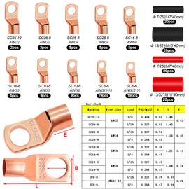 Taiss 160PCS Battery Cable Ends,Copper Wire Lugs,AWG 2/4/6/8/10/12 Gauge copper lugs assortment,Copper Ring Terminals Connectors with Heat Shrink