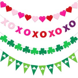 HOWAF 4pcs Valentine's Garland Decorations Valentines Felt Banner Happy Valentine's Garland St. Patrick's Day Shamrock Banner Valentines Heart Bunting Banner for Home Window Décor