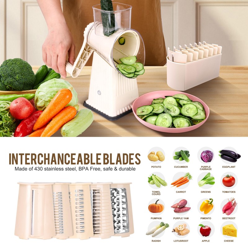 YHBRAK Rotary Cheese Grater with 5 Well-designed Blades & Strong