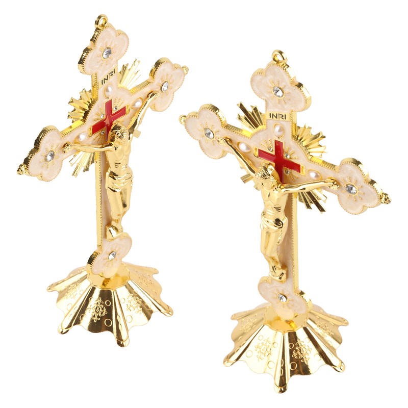 Metal Standing Cross Red Rhinestone Decoration Exquisite Retro Elegance Standing